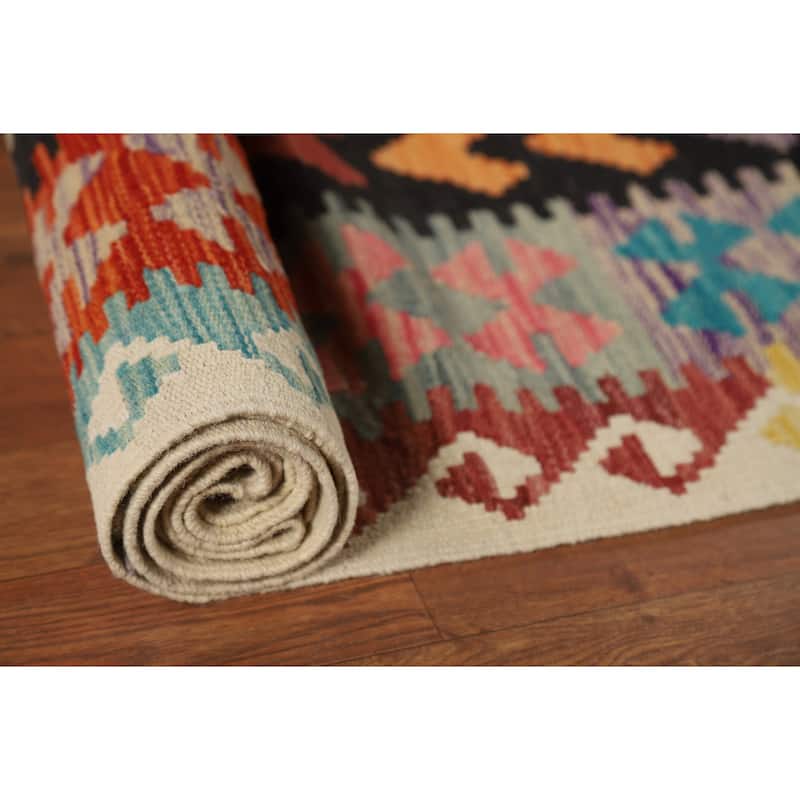 Orange Kilim Area Rug Hand-Woven Geometric Wool Carpet - 8'1" x 11'8"
