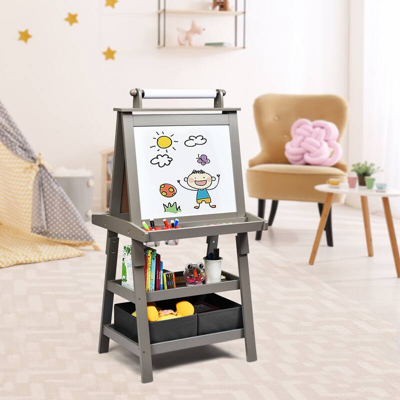 Grey 3-in-1 Kids Art Easel with Double-Sided Blackboard Whiteboard Paper Roll and Storage - 23.5" x 19.5" x 46" (L x W x H)