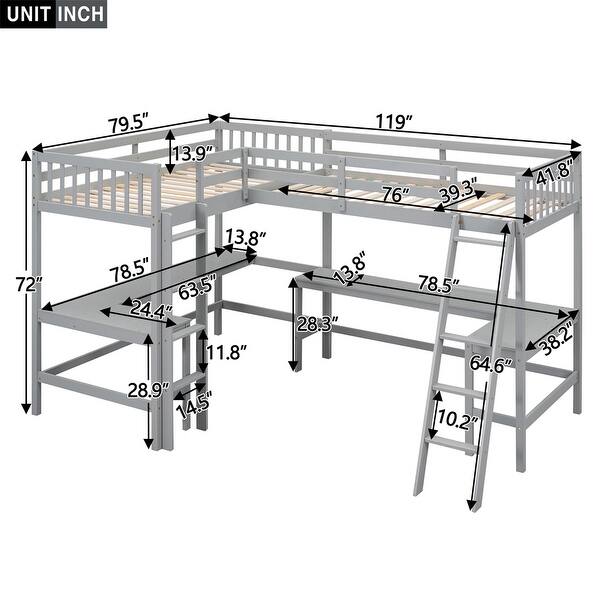 dimension image slide 1 of 2, Twin L-Shaped Loft Bed with Desks, Gray