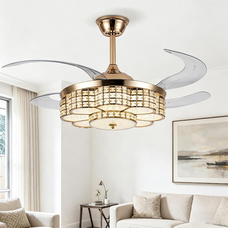 48" Crystal Chandelier Ceiling Fan with Light and Retractable Blades LED Dimmable DC Motor for Bedroom Living Room Kid's Room - Gold