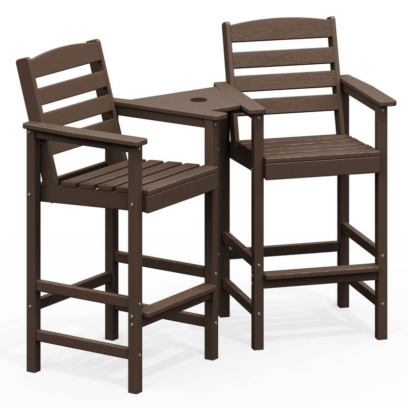 HDPE 2-Piece High Bar Stool Set with Umbrella-Compatible Connecting Panel - Coffee