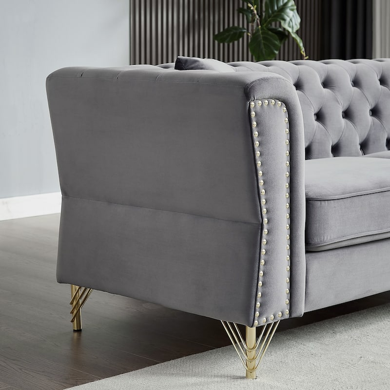 60.2" Chesterfield Sofa Beige Velvet for Living Room, 2 Seater Sofa Tufted Couch with Metal Foot and Nailhead for Living Room, B