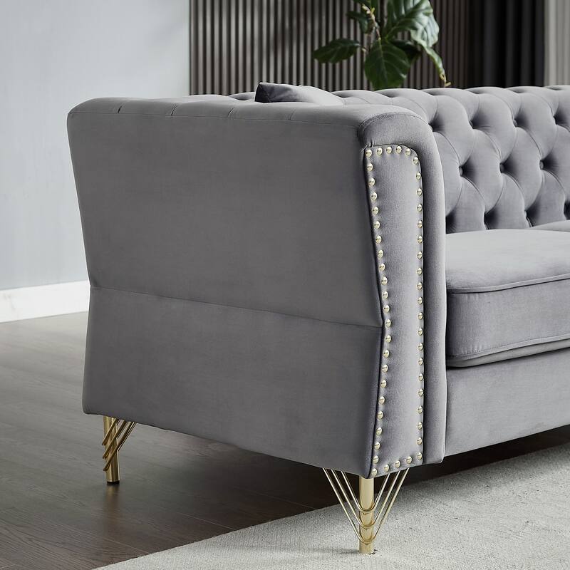 81.8" Velvet 3-seater Sofa with Tufted Couch and Metal Foot for Living Room