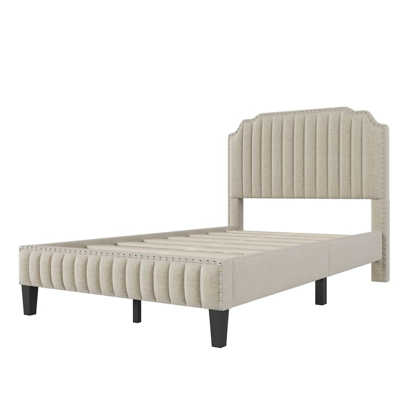 Modern Full Cream Solid Wood Frame Upholstered Platform Bed with ...