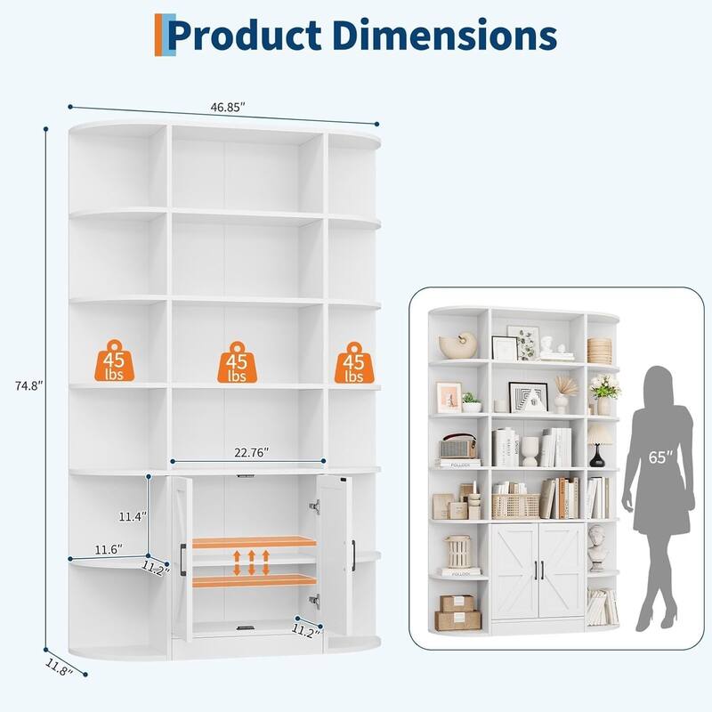 6 Tier Freestanding Bookcase with Storage Cabinet for Living Room Home Office