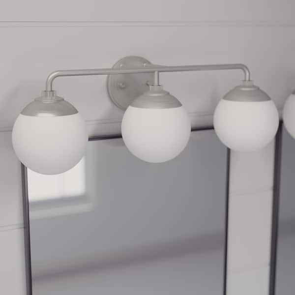 slide 2 of 15, Hunter Hepburn 3 Light Vanity Wall Light, Damp-Rated - Vintage, Mid-Century Modern, Glam Brushed Nickel