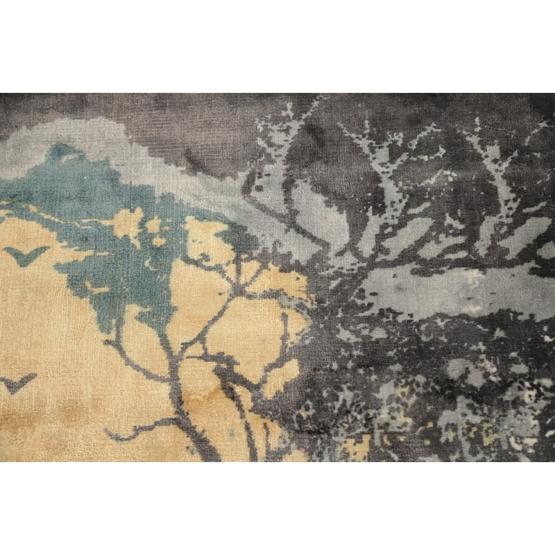 Hand Knotted Oriental Viscose Silk Carpet Modern Pictorial Greys & Charcoal Abstract Area Rug - 7' 9'' X 5' 6''