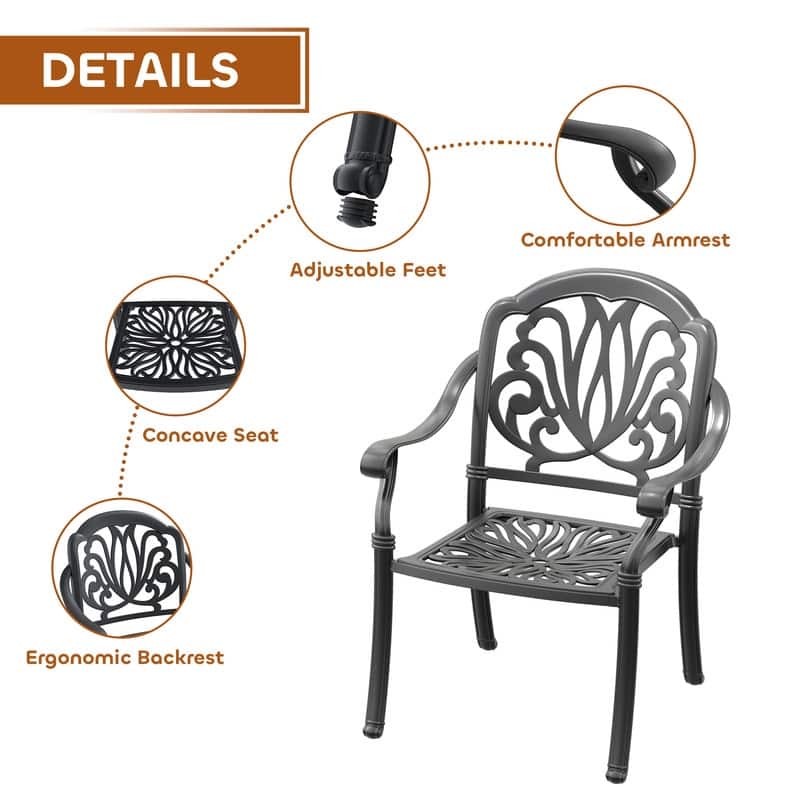 7-Piece Patio Dining Set Aluminum Table & 6 Dining Arm Chairs with Brown Cushions