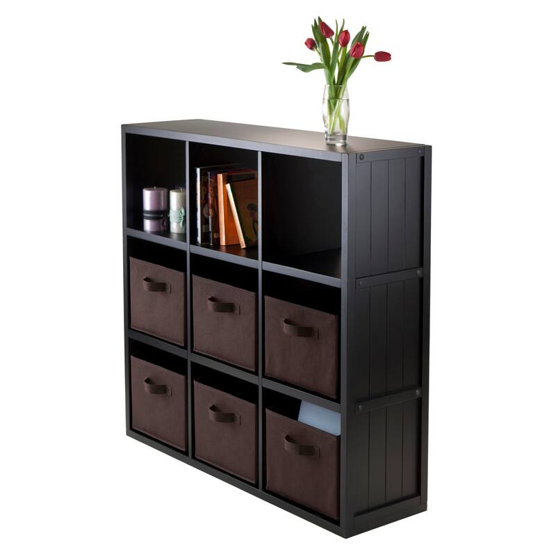 Timothy 7-Pc 3x3 Storage Shelf with 6 Foldable Fabric Baskets, Black and Chocolate - 37.76 x 11.81 x 40.08 inches