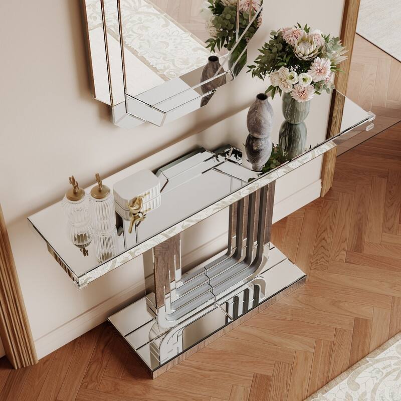 Mirrored 47" Console Table, Silver Entryway Table With U Base