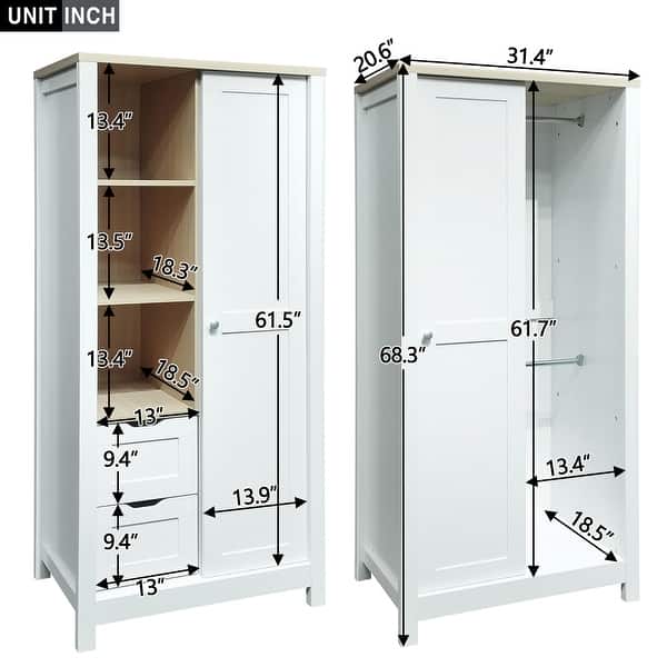 Closet with Barn-Style Sliding Door Design, 3-Tier Open Shelves and 2 Drawer, Bedroom Storage Wardrobe with Hanging Rods - N/A