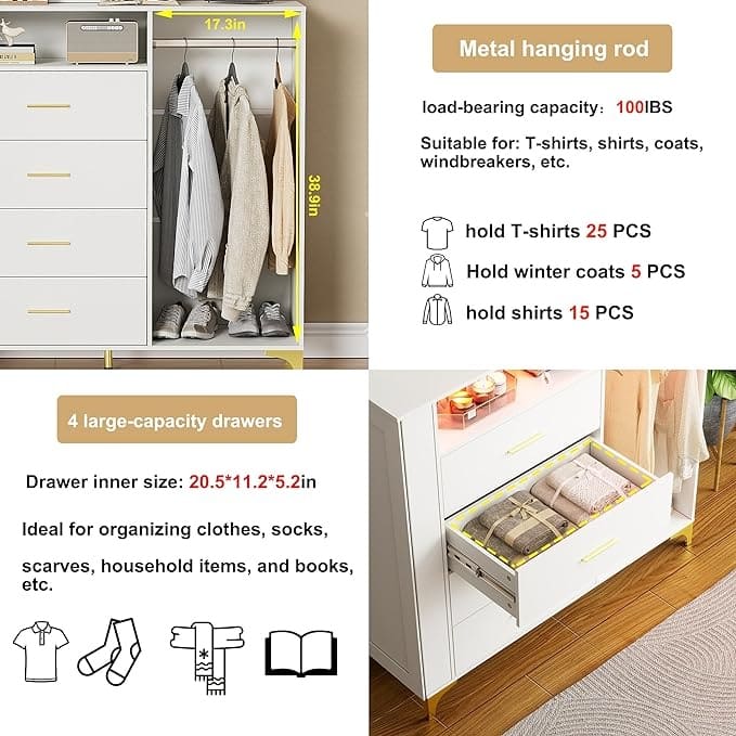 Dresser for Bedroom with Jewelry Cabinet, 4 Drawers Dresser with Clothes Rack, Charging Station & LED Lights