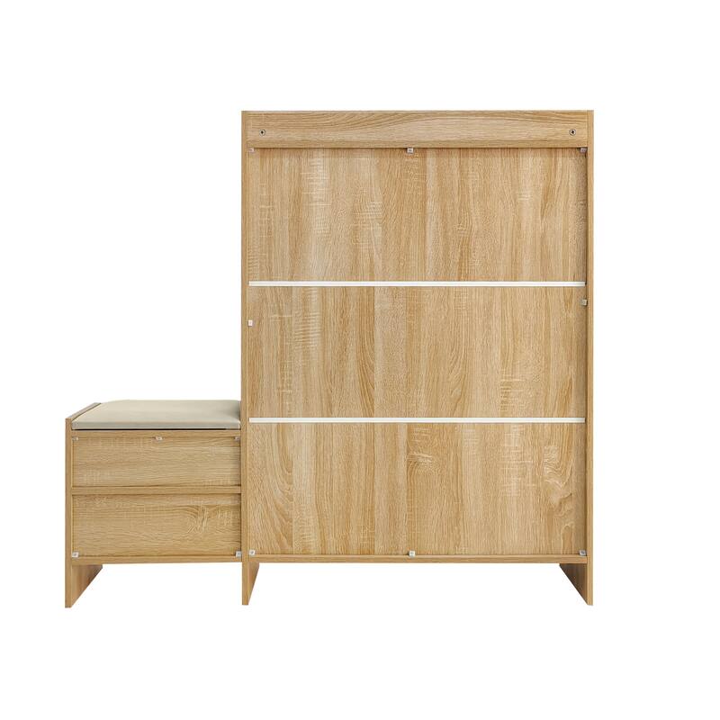 47.2" Rattan Shoe Storage Cabinet with 2 Flip Drawers, Narrow Shoe Rack Cabinet with 1 Storage Drawer & Bench for Hallway
