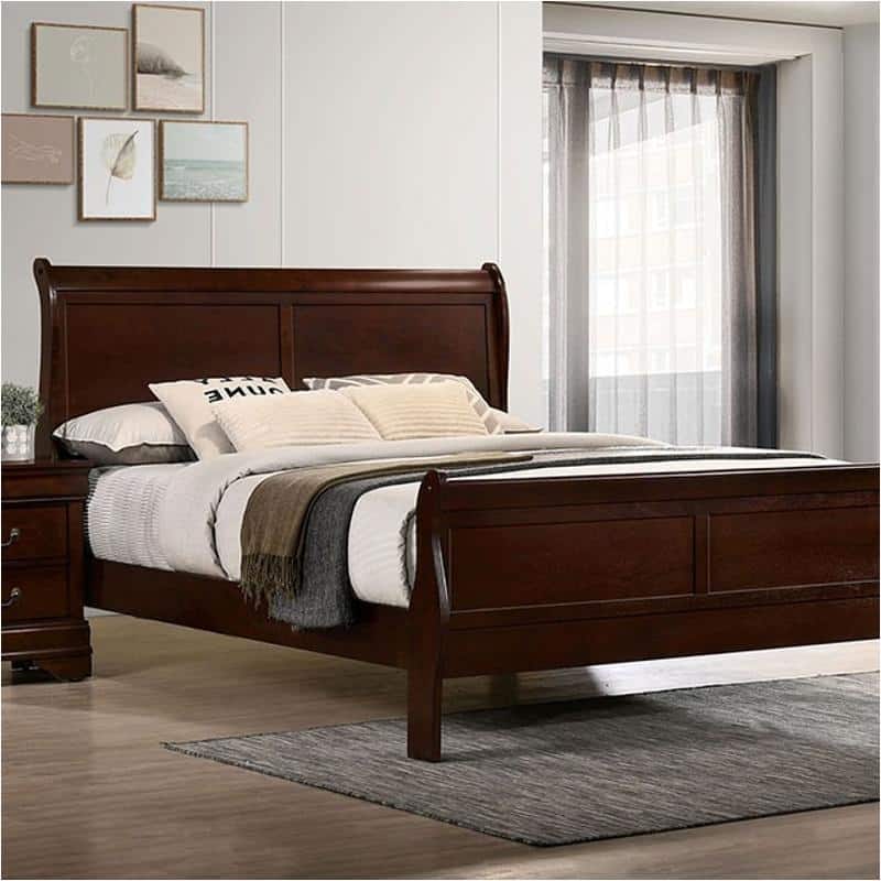 Full Size Sleigh Bed in Cherry Finish, Transitional Style Solid Wood Bedroom Furniture