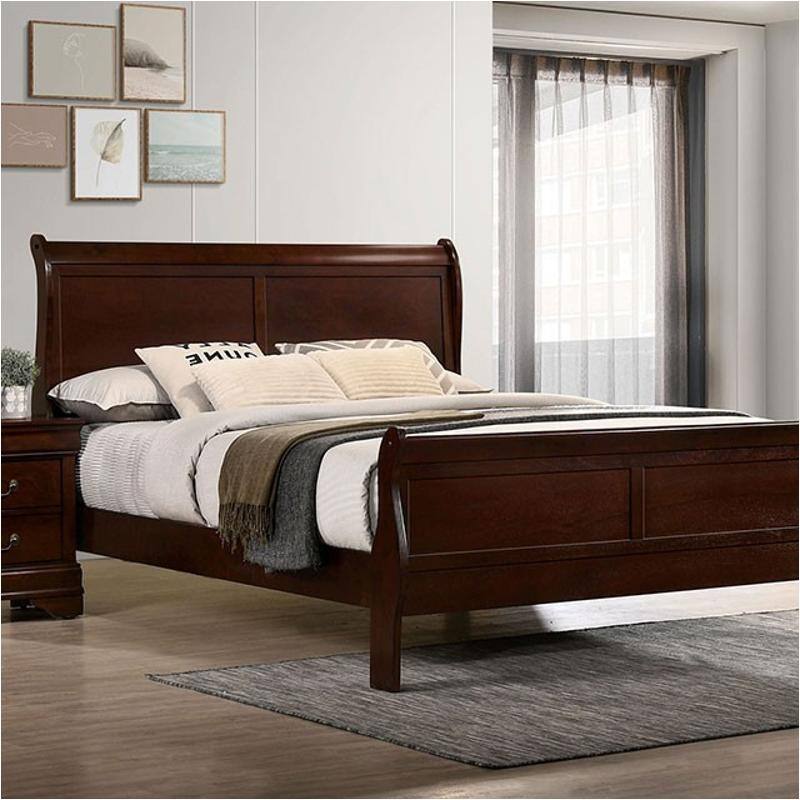 Queen Size Sleigh Bed in Cherry Finish, Transitional Style Solid Wood Bedroom Furniture