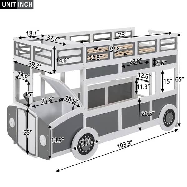 Twin over Twin Bus-shaped Bunk Bed with Wheels and Storage