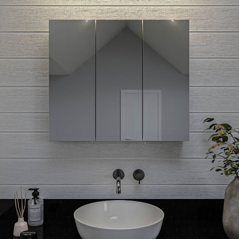 Croydex Thurmond Silver Triple Door Aluminum Medicine Cabinet, Easy Install, Surface Mount or Recessed 30W x 26H