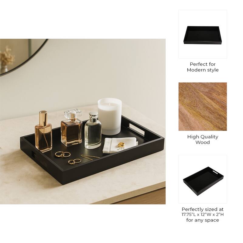 Decorative Wood and Glass Retangle Serving Tray-Home Decor- 18" Black - 17.75"