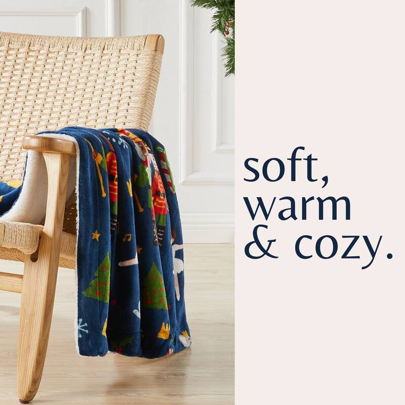 Linery & Co. Velvet Plush Fleece Reversible Sherpa Holiday Printed Throw.