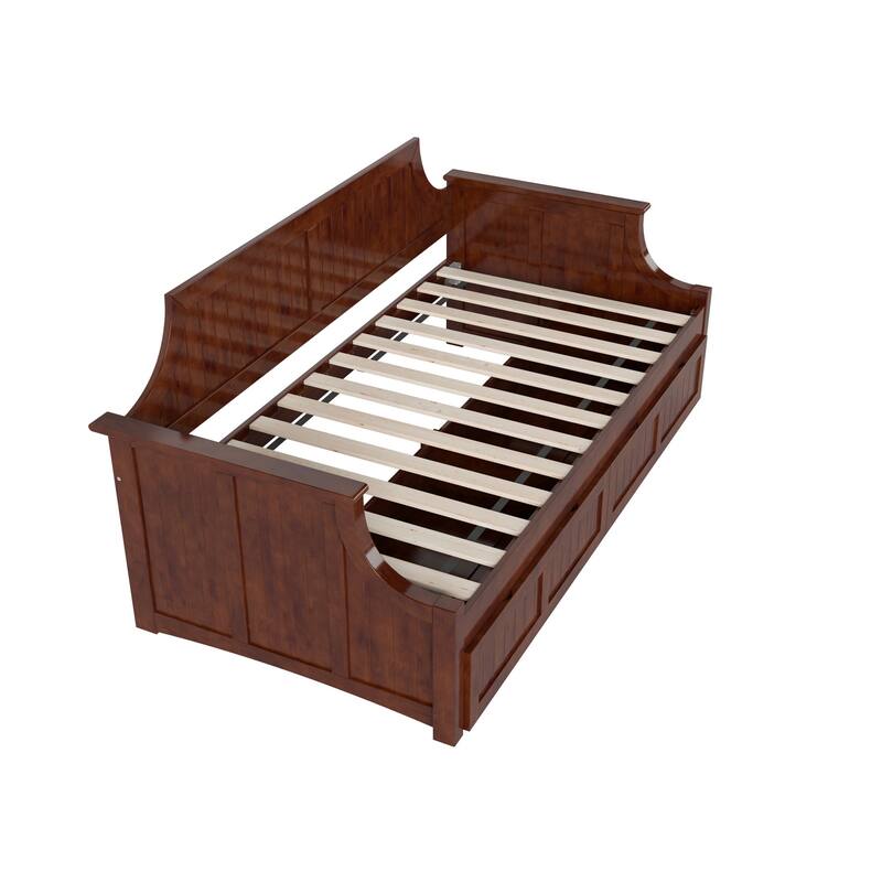 Twin Daybed with Drawers - Walnut Wood Frame, Curved Back, Underbed Storage