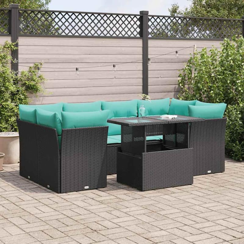 vidaXL 7 Piece Patio Sofa Set with Cushions Black Poly Rattan Acacia - 21.7 x 24.4 x 27.2