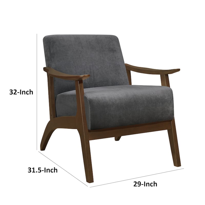 Rica 32 Inch Accent Armchair, Curved, Dark Gray Velvet, Brown Solid Wood