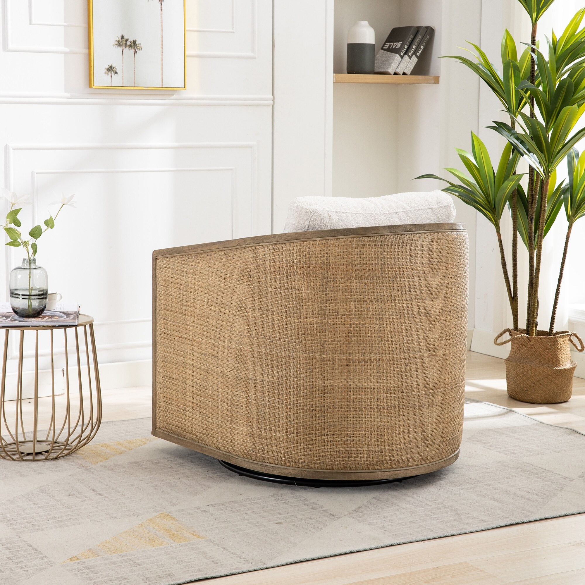 Beige Modern 30.12" Upholstered 360° Swivel Barrel Chair with Sturdy Hardwood Frame