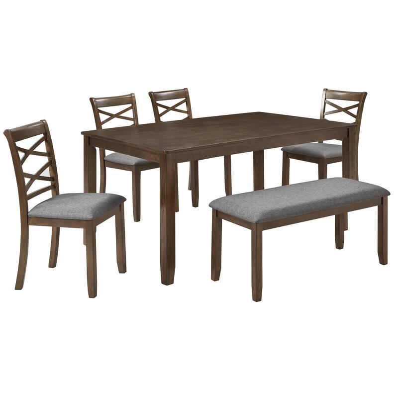 Elegant 6 Piece Wooden Dining Table Set with 4 X Backrest Upholstered Chairs & Bench for 6 People, for Dining Room, Kitchen