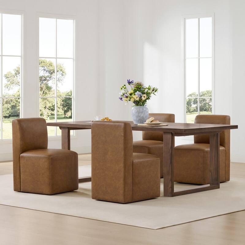 Spruce & Spring Charlotte Upholstered Dining Chairs with Casters Set of 2 - Set of 4 - Brown-Genuine Leather