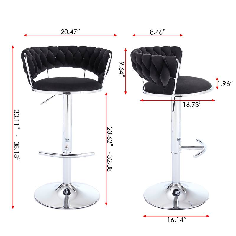 Set of 2 Bar Stools,with Chrome Footrest and Base Swivel, Height Adjustable, Velvet Upholstered + Chrome Leg Simple Bar Stool
