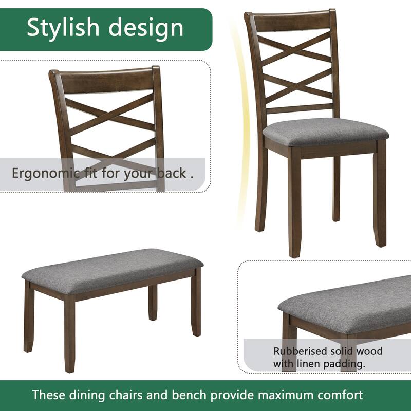Modern Dining Table Set with 4 Chairs and 1 Bench, for Living Rooms Kitchens Dining Rooms, Walnut Wood Color, 6-Piece Set