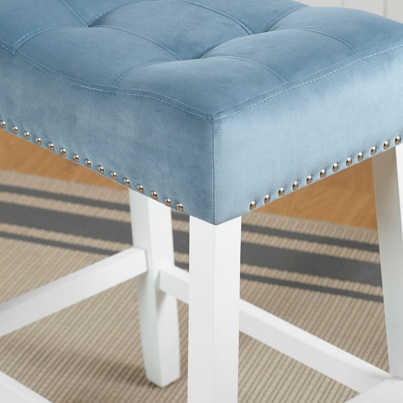 Roundhill Furniture Morovo Set of 2 Velvet Counter Height Stools with Tufted Saddle Seats, White-Wash Finish