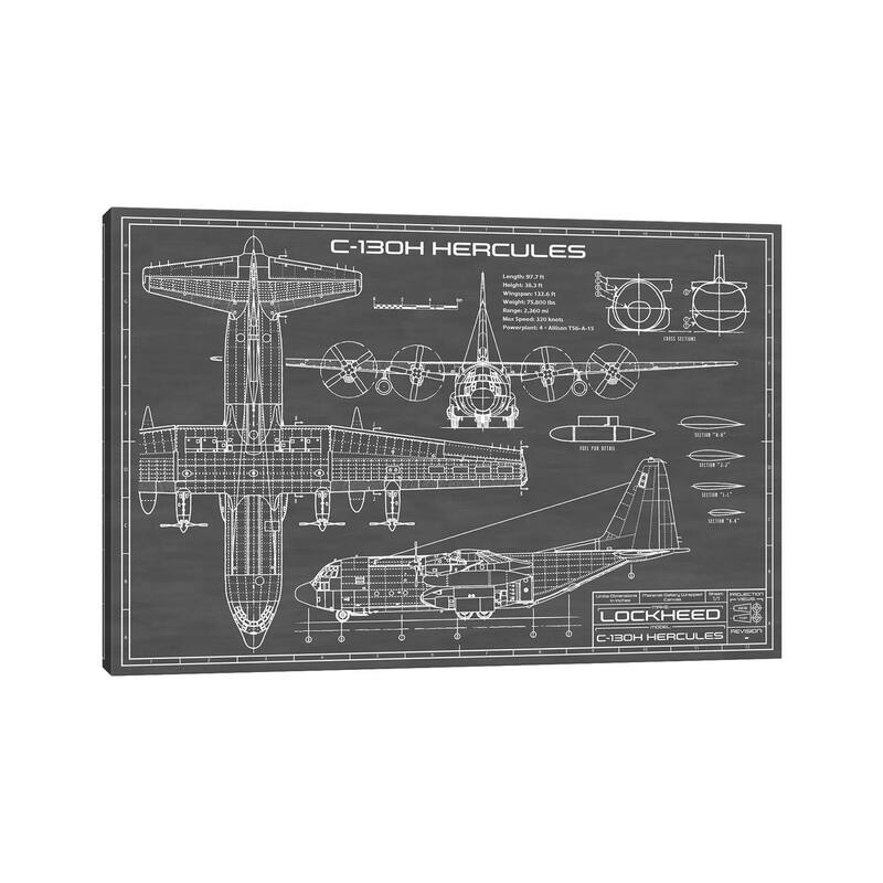 iCanvas "C-130 Hercules Airplane In Black" by Action Blueprints Canvas Print
