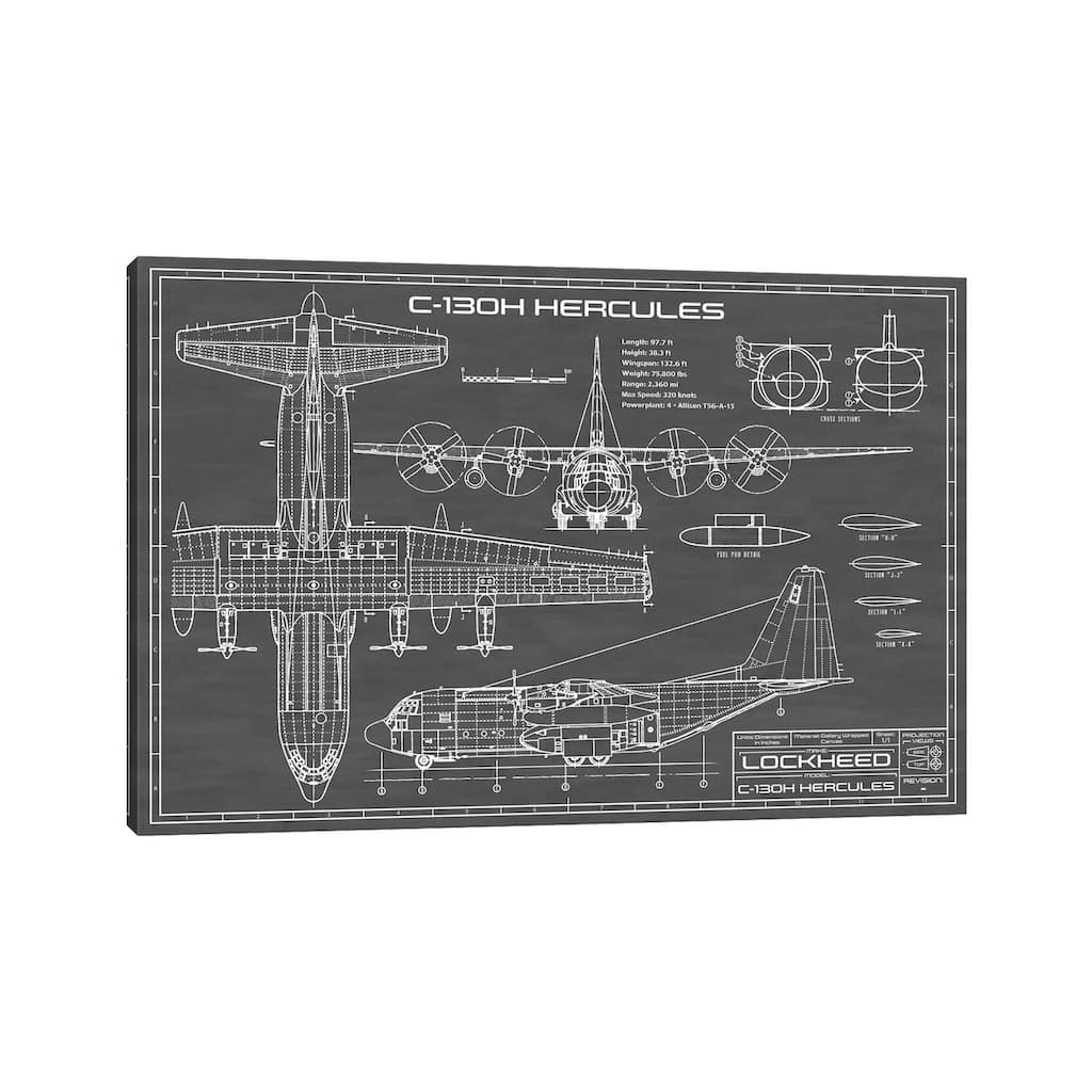 iCanvas "C-130 Hercules Airplane In Black" by Action Blueprints Canvas Print