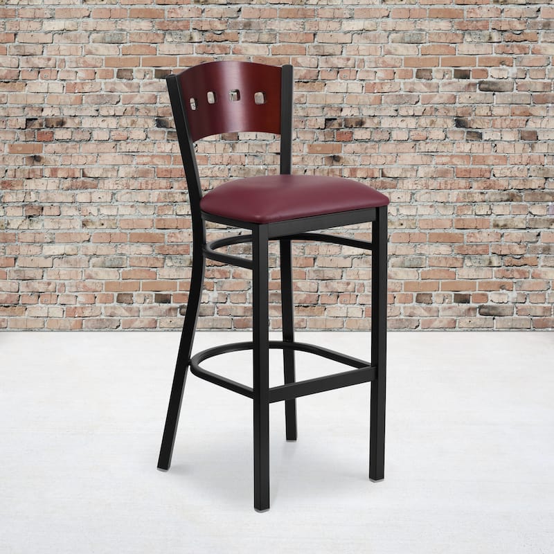 2 Pk. Hercules Series Decorative 4 Square Back Metal Restaurant Barstool - 19.75"W x 20"D x 43"H - Mahogany Wood Back/Burgundy Vinyl Seat