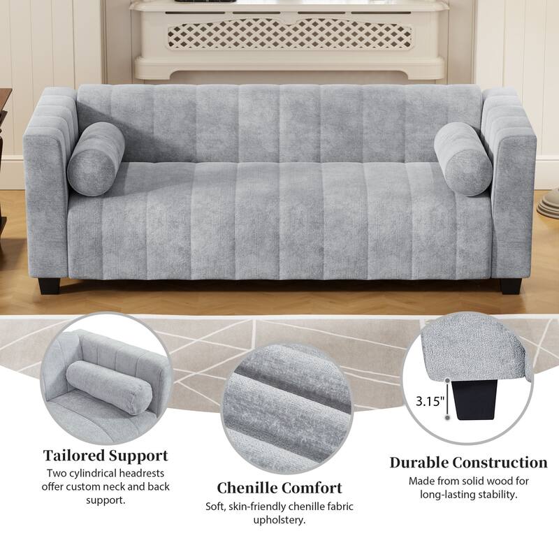 78.7" Chenille Upholstered 3-seater Sofa with Plastic Legs and 2 Pillows for Living Room