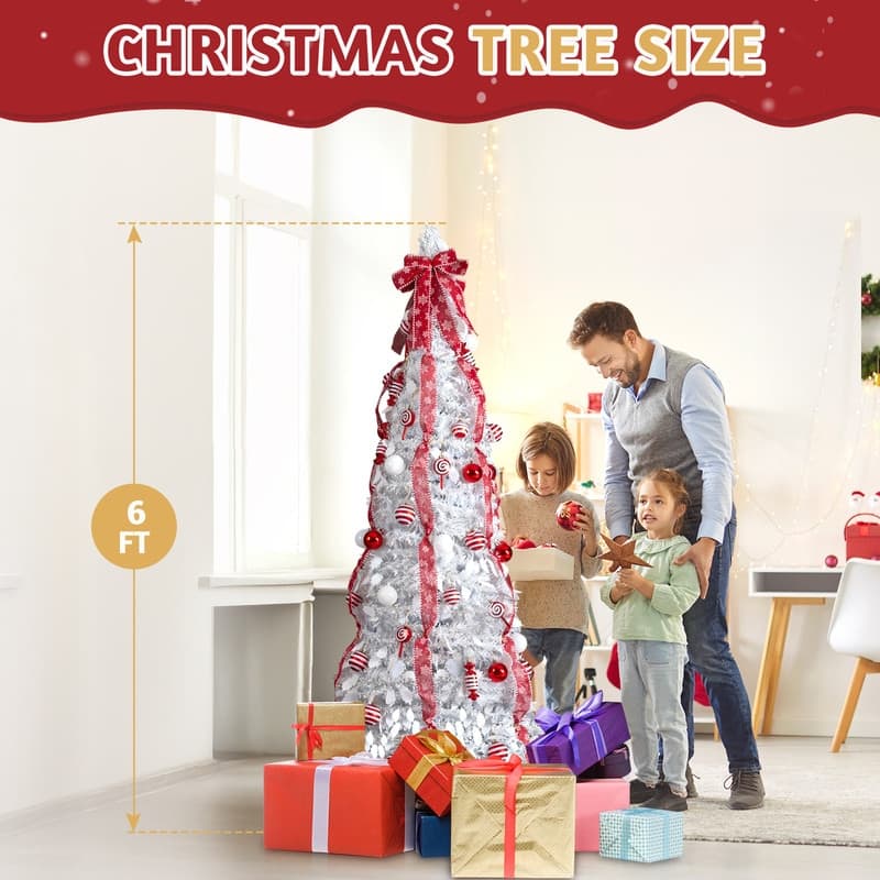 6 FT Fully Decorated Pre-lit Christmas Tree, Pop Up Artificial Xmas Tree for Home Office Store Holiday Deco, White