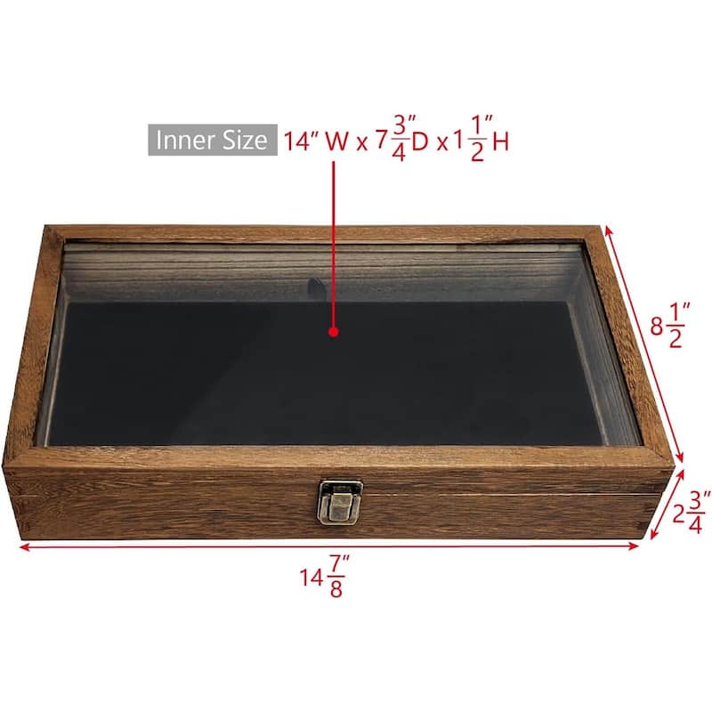 Wooden Jewelry Display Case with Tempered Glass Top & Black Velvet Pad Insert, Wooden Jewelry Tray for Collectibles - S