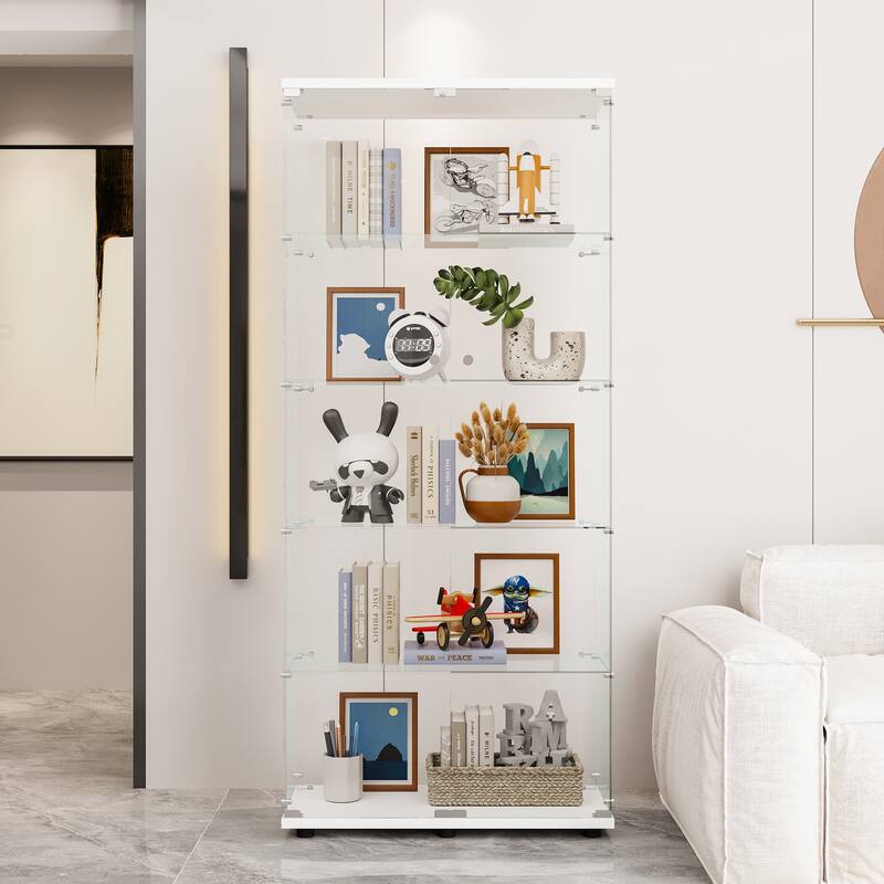 Double Door Glass Display Cabinet with 5 Shelves, Floor Standing Bookshelf for Living Room Bedroom Study or Collection Room - White