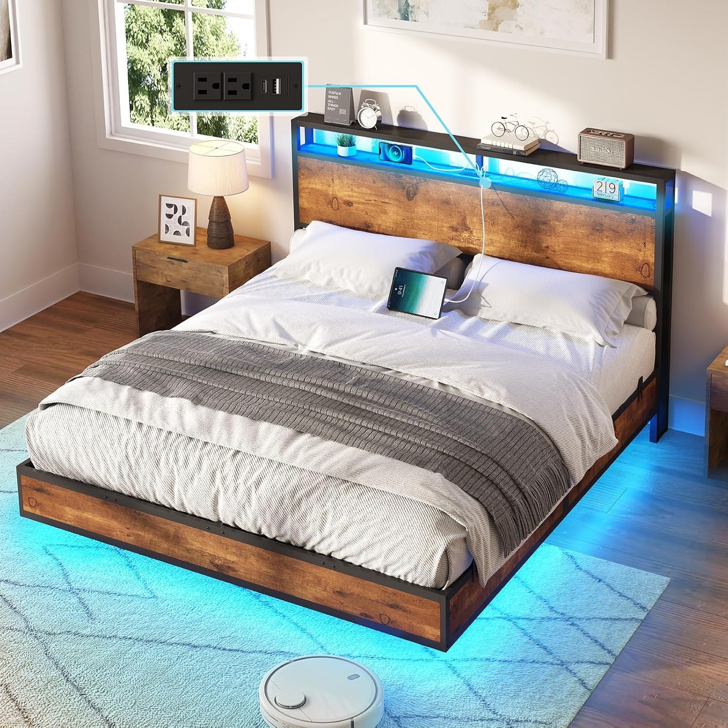 Queen Size Floating Bed Frame with Storage Headboard, LED Lights, Charging Station, No Box Spring Needed, Rustic Brown