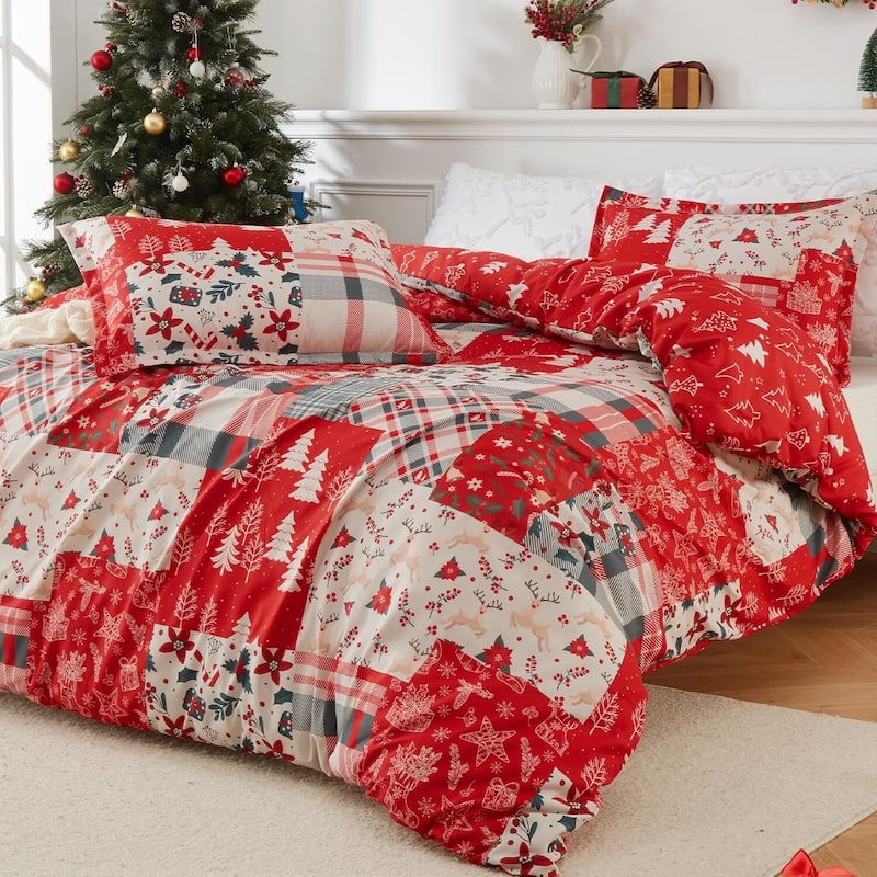 Christmas Holiday Patchwork Duvet Cover and Pillow Shams Set, Bedding Set - Queen