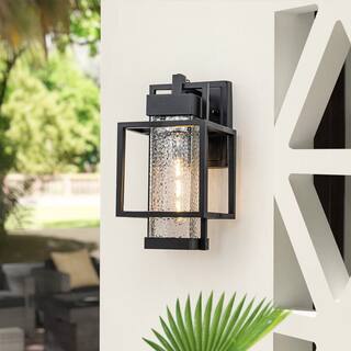 Modern Black Porch 1-Light Hammered Glass Lantern Outdoor Wall Sconce