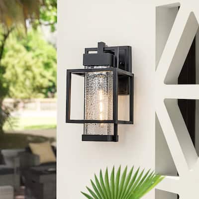Modern Black 1-Light Hammered Glass Lantern Outdoor Wall Sconce