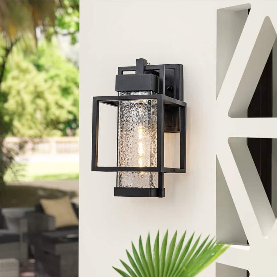 Modern Black 1-Light Hammered Glass Lantern Outdoor Wall Sconce