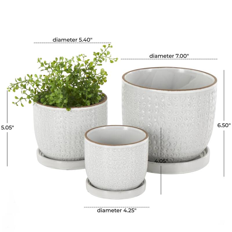 Ceramic Abstract Circle Patterned Indoor Outdoor Planter with Brown Accents and Base Tray - Set of 3 White - Roche River Decor
