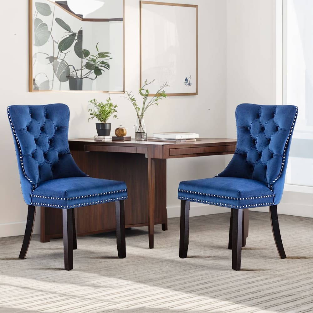 Set of 2 Velvet Dining Chairs – Tufted Upholstered Armless Accent Chairs with Nailhead Trim & Back Ring Pull