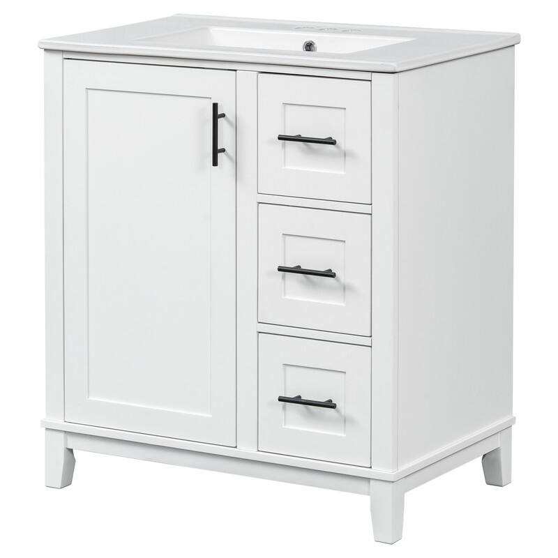30'' Bathroom Vanity with Ceramic Sink, Freestanding Bathroom Vanity Cabinet with 3 Drawers, 1 Soft Close Door and Storage Rack