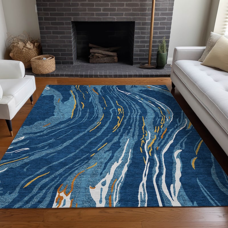 Machine Washable Indoor/ Outdoor Modern Wave Chantille Rug