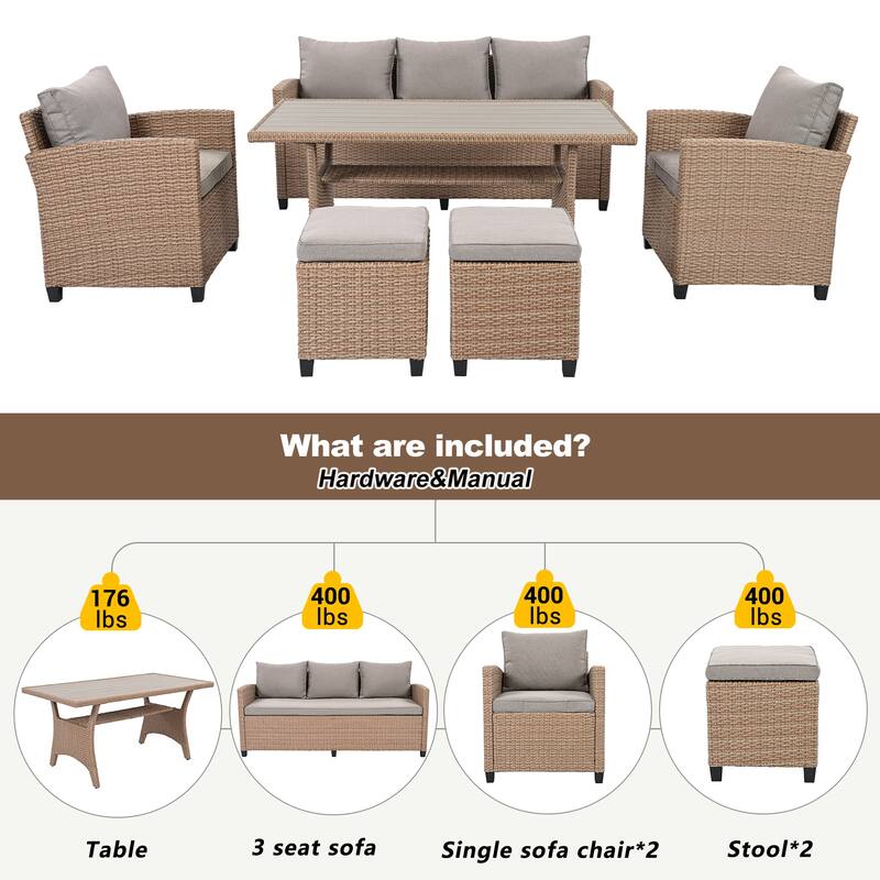 6-Piece Outdoor Patio Rattan Sofa Set with Dining Table, Chair, and Stools