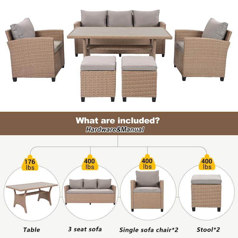 Roomfitters 6-Piece Outdoor Rattan Wicker Patio Garden Set with Sofa, Chair, Stools and Table
